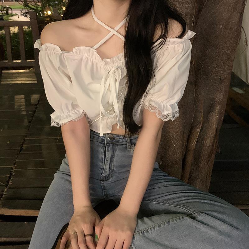 Áo Croptop Trễ Vai Tay Ngắn Phối Ren Thời Trang Mùa Hè Xinh Xắn Cho Nữ