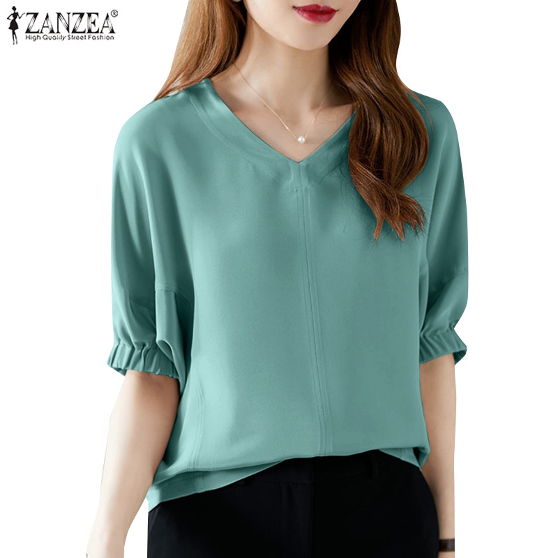 ZANZEA Áo Sơ Mi Tay Lửng Cổ Chữ V Màu Trơn Phong Cách Hàn Quốc Cho Nữ