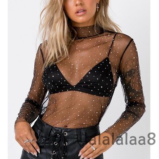 Laa8-áo Kim Cương Gợi Cảm Lưới Crop Tank Top Dài Tay Nữ Mùa Hè Che Bikini Nhìn Xuyên Qua Kim Cương Giả Ren Lên Đảng Câu Lạc Bộ Crop Top