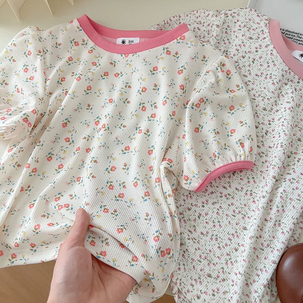 Áo Thun Tay Ngắn Phồng Cổ Ren Họa Tiết Hoa Phong Cách Phương Tây Ngọt Ngào Cho Nữ