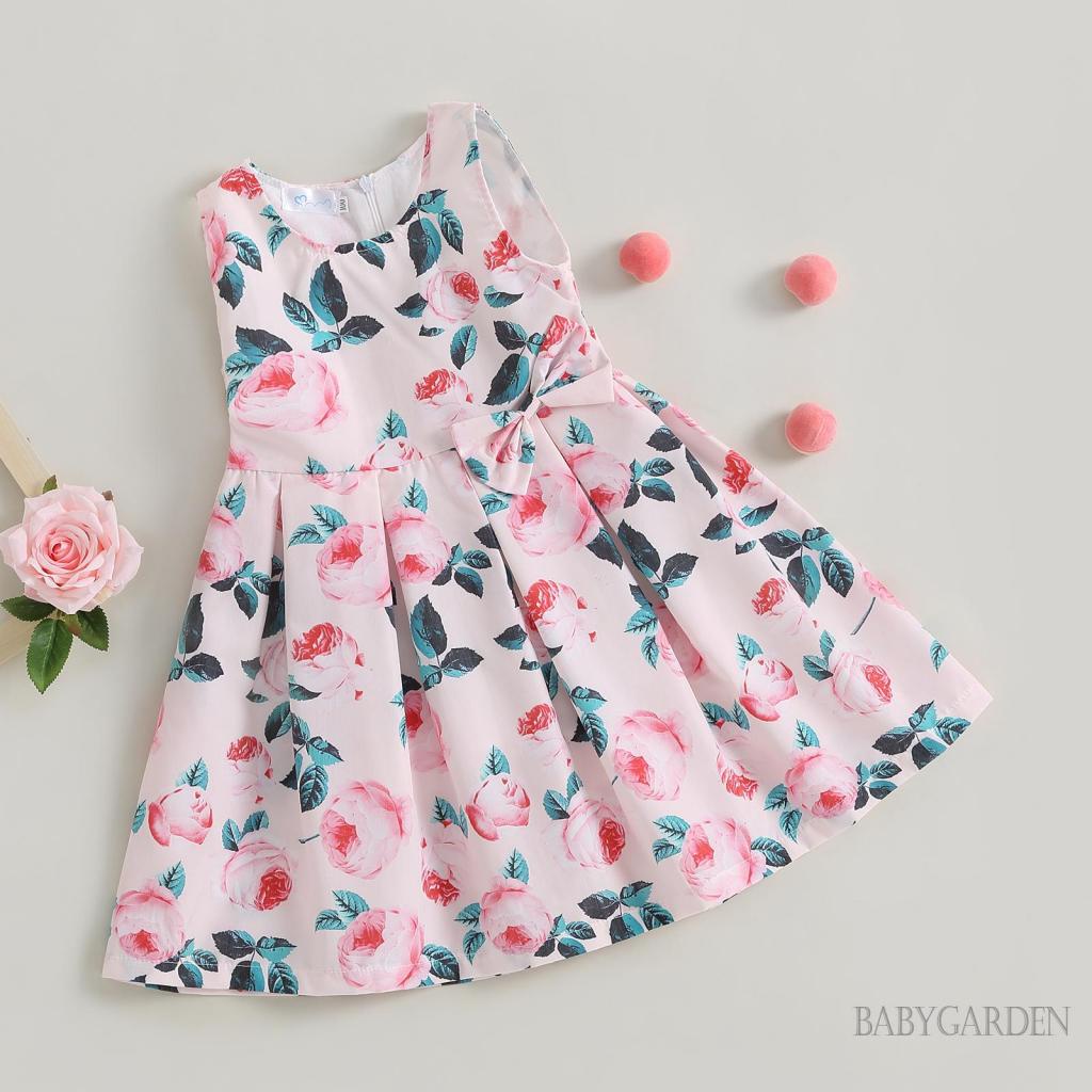 Đầm Mùa Hè Không Tay Dáng Chữ A In Họa Tiết Hoa Thắt Nơ Cổ Cho Bé Gái 1-6 Tuổi