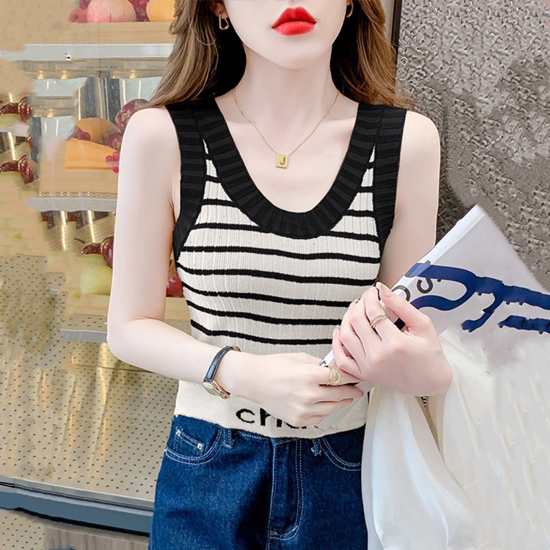 Áo Tank Top Dệt Kim Hoạ Tiết Kẻ Sọc Thời Trang Mùa Hè Phong Cách Hàn Quốc Cho Phái Nữ