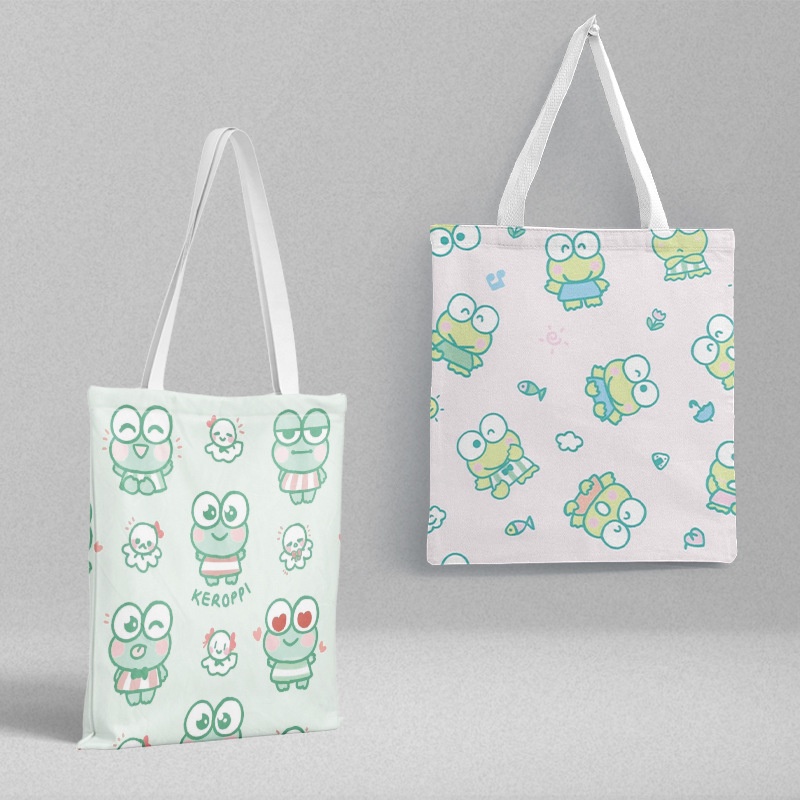 Túi Xách Canvas Dày Hai Mặt In Họa Tiết Hoạt Hình Kero Kero Keroppi Dễ Thương
