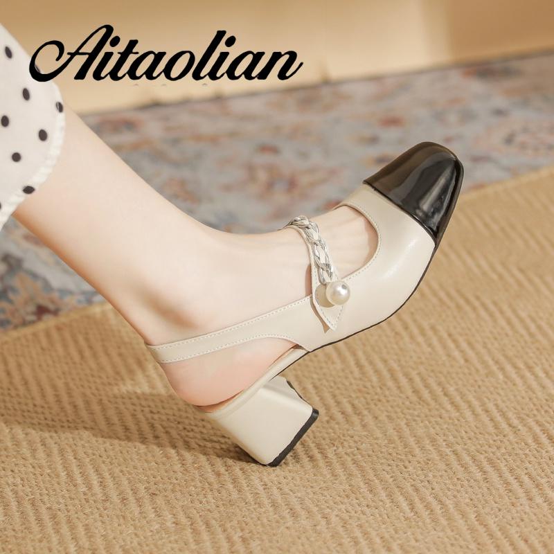 Xăng đan Cao Gót 5cm Bằng Da Bóng Mũi Tròn Đế Mềm Màu Trơn Cho Nữ mary jane