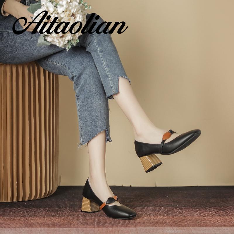 Giày Cao Gót 5cm Da Mềm Mũi Vuông Phong Cách retro Anh Quốc Cho Nữ