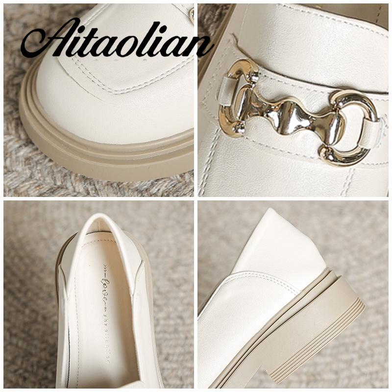 Giày Lười Da Thật Đế Bằng 3cm Phối Khóa Kim Loại Đơn Giản Thời Trang Cho Nữ