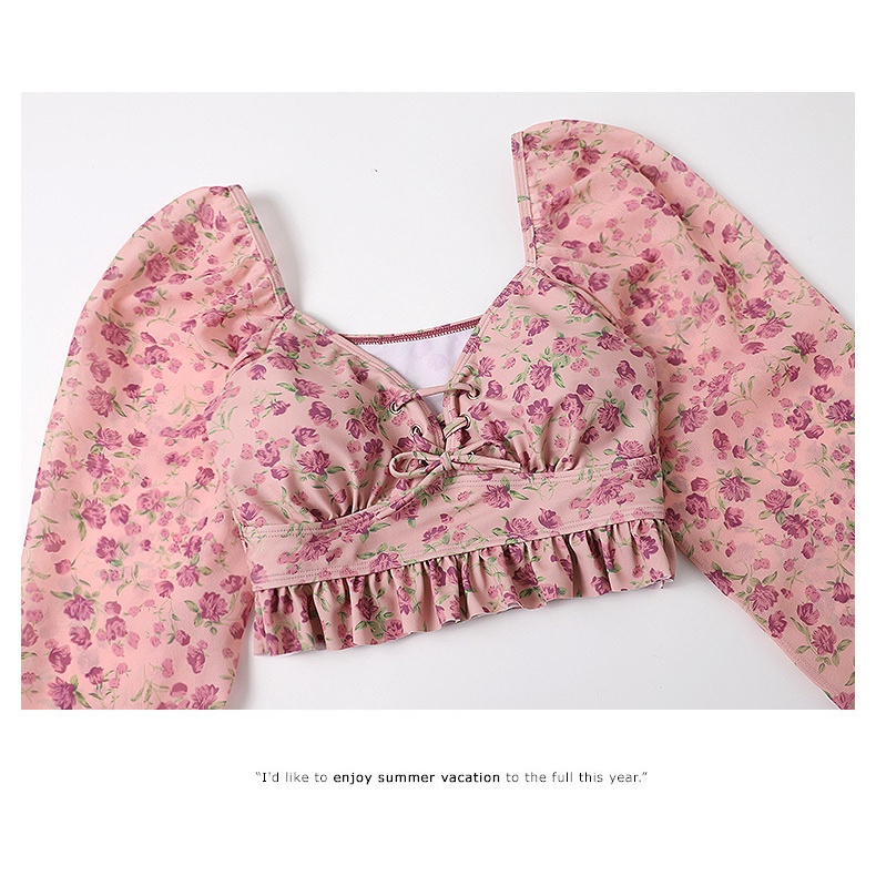 Bộ Đồ Bơi Tay Dài In Hoa Xẻ Tà Bụng Cao Eo Cao Thời Trang Quyến Rũ Cho Nữ