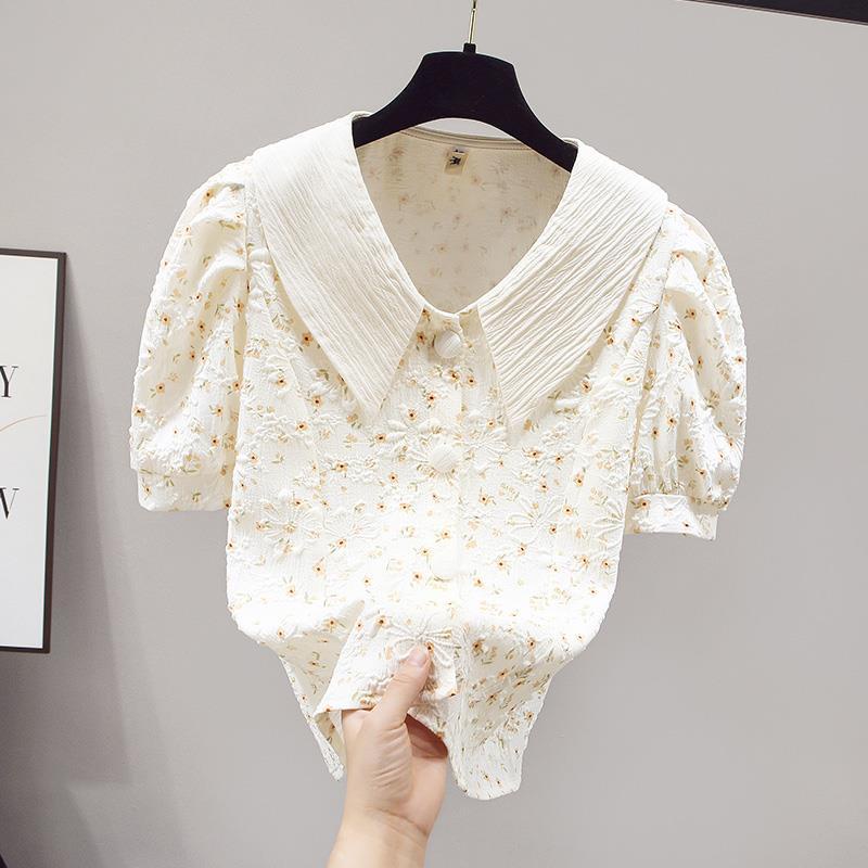 Áo Sơ Mi Chiffon Tay Ngắn Lưng Cao Che Bụng In Họa Tiết Hoa Thời Trang Mùa Hè Xinh Xắn Cho Nữ