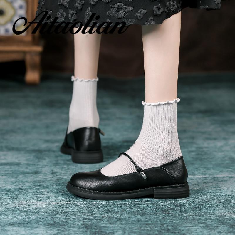 Giày Búp Bê Da Thật Mũi Tròn 3cm Phong Cách Lolita Đơn Giản Thời Trang Cho Nữ