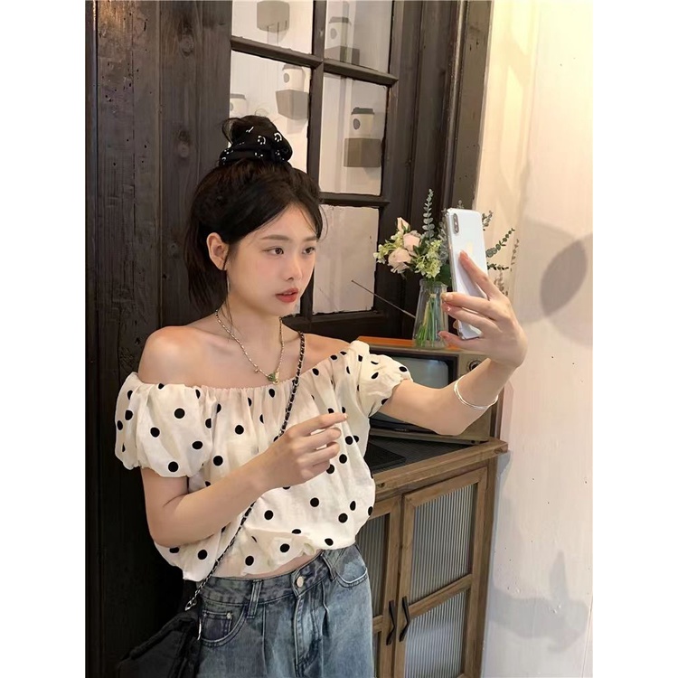 Áo Kiểu Trễ Vai Tay Phồng Họa Tiết Chấm Bi Thời Trang Mùa Hè Xinh Xắn Cho Nữ