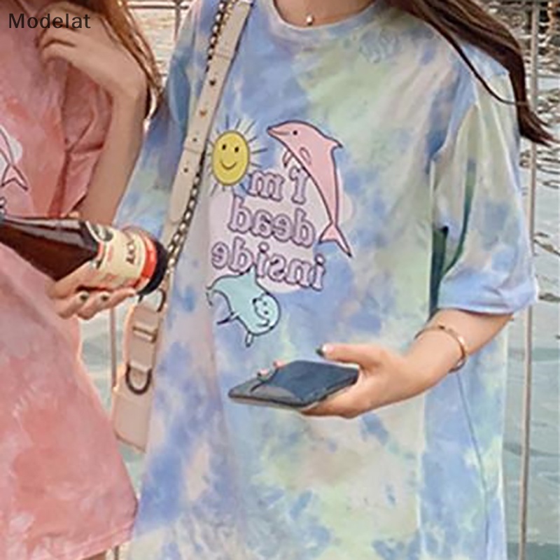 Áo Thun Tay Ngắn Cổ Tròn Dáng Rộng In Màu Nhuộm Thời Trang Mùa Hè Xinh Xắn Cho Nữ