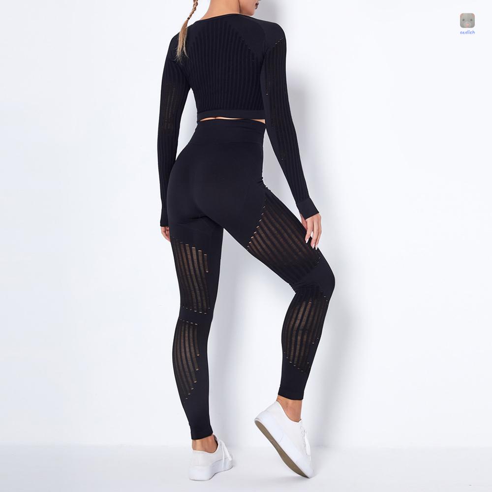 Set Đồ Tập Thể Thao Gồm Áo Croptop Dài Tay Và Quần Legging Lưng Cao Họa Tiết Sọc Thời Trang Cho Nữ