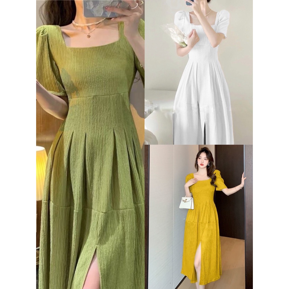 ĐẦM MIDI CỔ VUÔNG TAY PHỒNG GÂN SỌC-NP95 BOUTIQUE