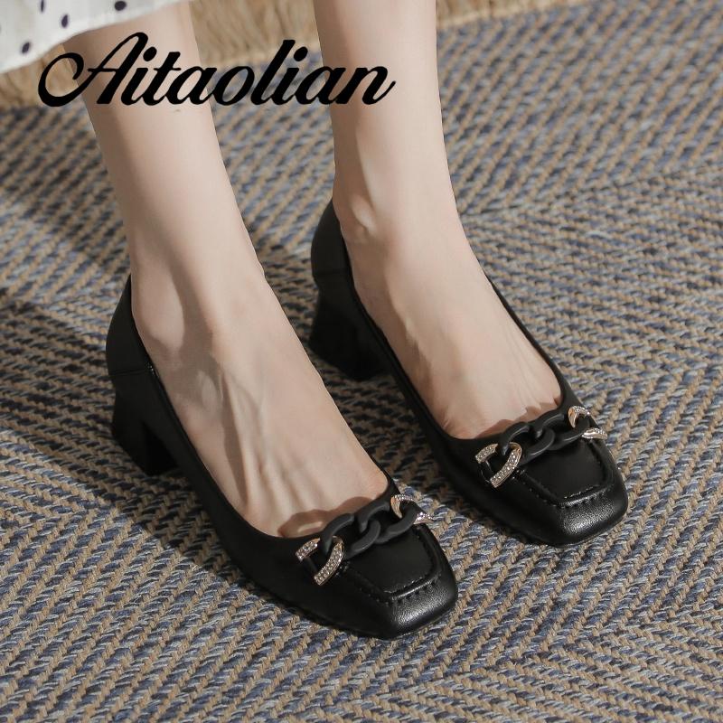 Giày Cao Gót 4cm Da Mềm Mũi Vuông Kiểu retro Anh Xinh Xắn Cho Nữ