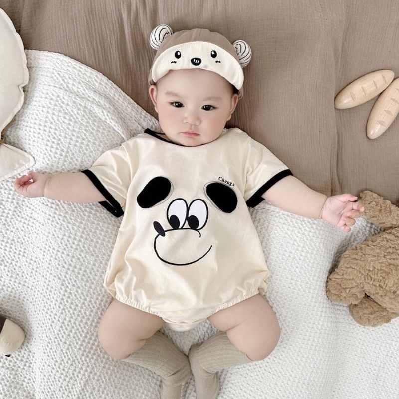 Áo Liền Quần Tam Giác Tay Ngắn In Hình Chú Chó Hoạt Hình Bằng Vải Cotton Thời Trang Mùa Hè Cho Bé Sơ Sinh 0-2