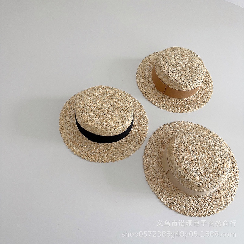 Mũ cói dây ruy băng viền lớn mùa hè cho bé