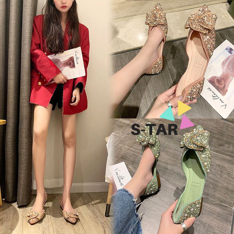 Giày Búp Bê Mũi Nhọn Đế Bằng Đính Đá Trang Trí Sang Trọng Thời Trang Hè 2023 Phong Cách Mới Cho Nữ