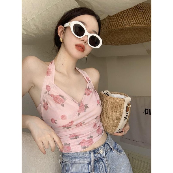 Áo Croptop Hai Dây Cổ Chữ V In Họa Tiết Hoa Hồng Xinh Xắn Thời Trang Hè Cho Nữ