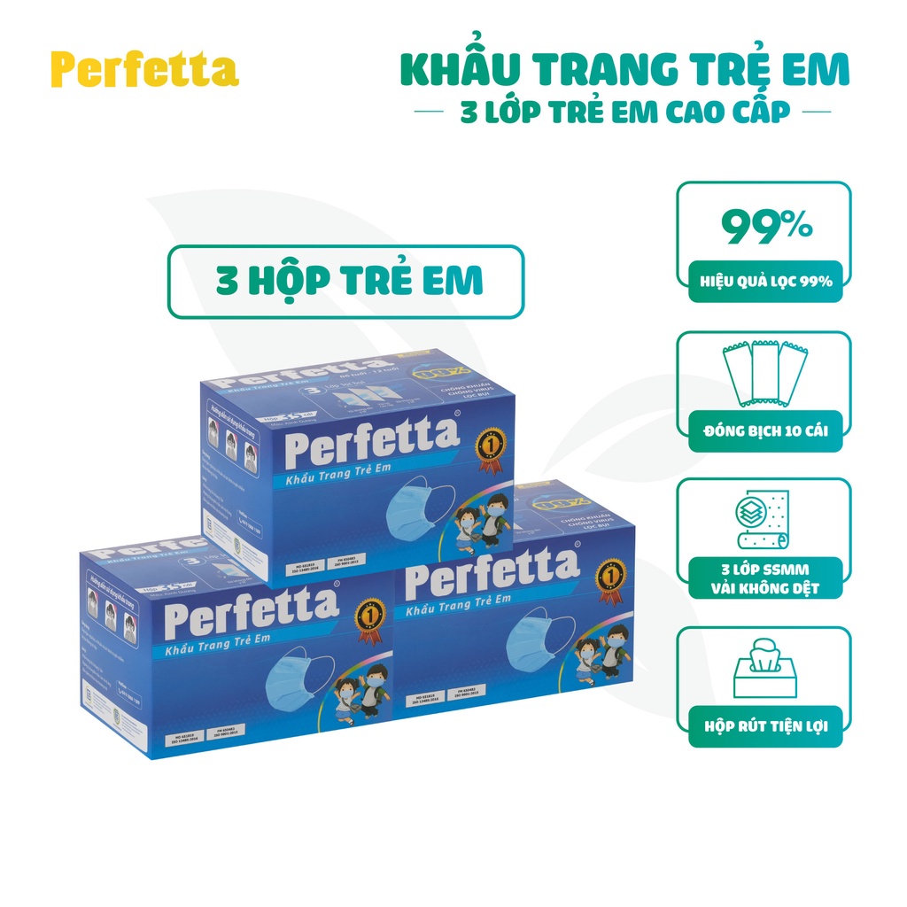 Combo 3 hộp khẩu trang 3 lớp Perfetta Trẻ Em Trắng/Xanh (35 Cái/Hộp)