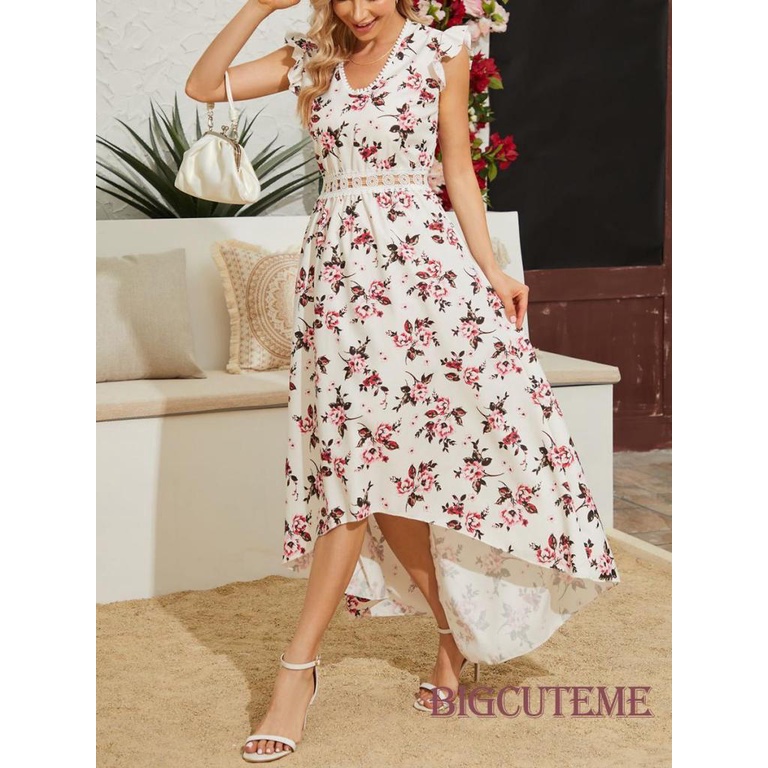 Đầm Dài Cổ Chữ V Tay Cánh Tiên In Họa Tiết Hoa Thanh Lịch Thời Trang Mùa Hè Dành Cho Nữ