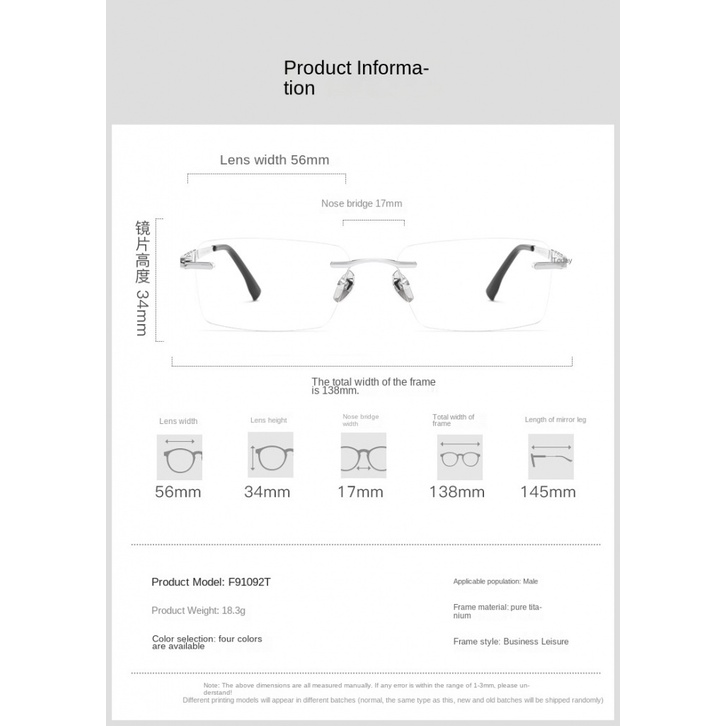 Gọng Kính F91092T Beta Titan Không Gọng Siêu Nhẹ Phong Cách Doanh Nhân Cho Nam