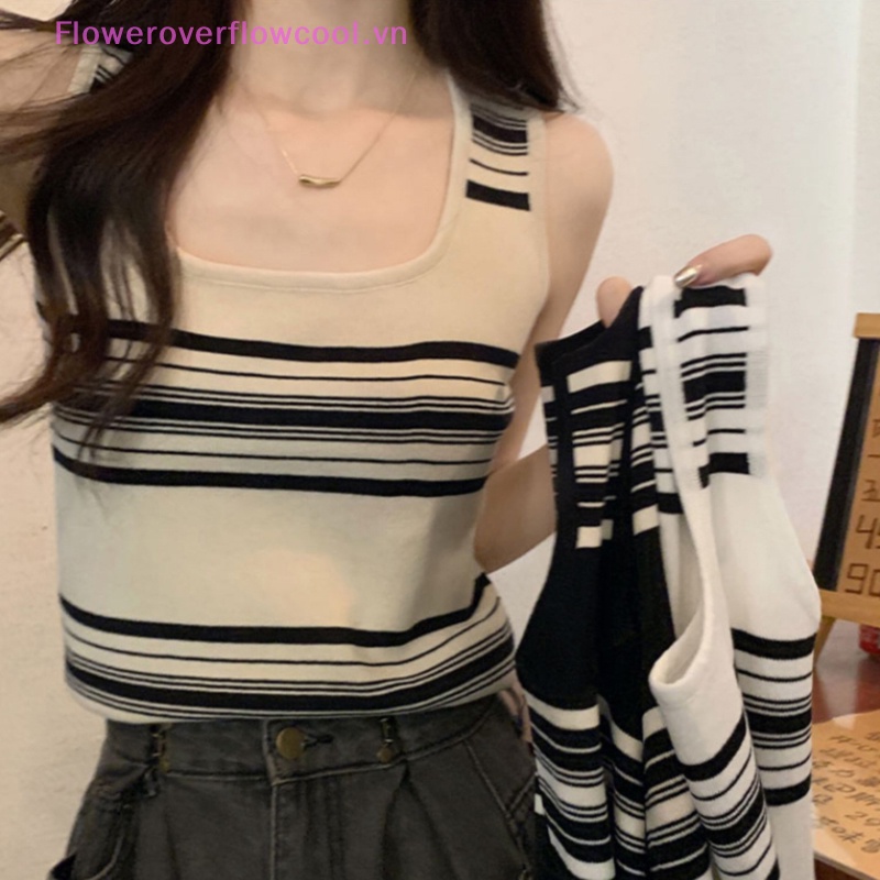 Áo Croptop Dệt Kim Không Tay Cổ Vuông Họa Tiết Kẻ Sọc Thời Trang Mùa Hè Quyến Rũ Cho Nữ