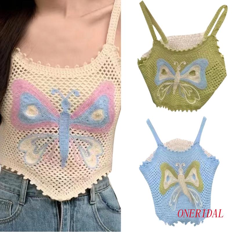 Áo Croptop Dệt Kim Hai Dây Thêu Hình Bướm Thời Trang Mùa Hè Dành Cho Nữ