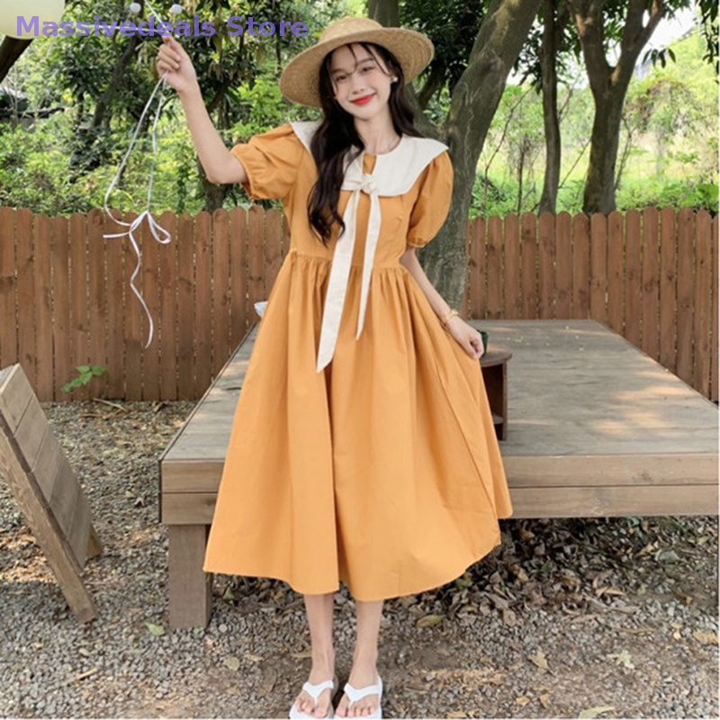 Massivedeals Đầm Tay Phồng Ngắn Màu Trơn Eo Cao Cổ Peter Pan Ngọt Ngào Vintage Mùa Hè Cho Nữ JK Mới
