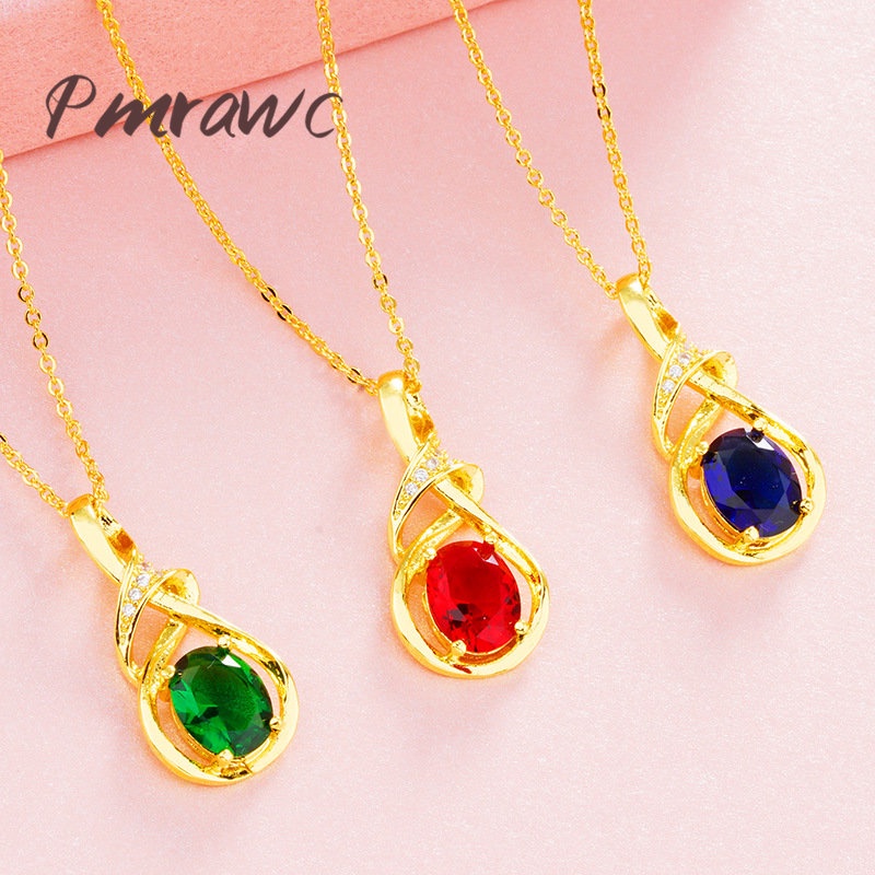 Pmrawc | Vòng cổ Zircon màu hình bầu dục dát vàng Au999 FS1416