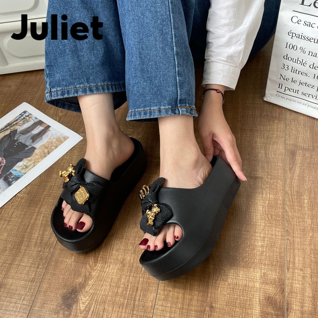 Juliet Dép bánh mỳ nữ-dép thái lan quai gắn nơ gấu hot ngang nâng đế 6 phân B20H12C