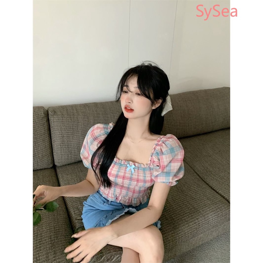 Áo Kiểu Tay Phồng Họa Tiết Sọc Caro Phong Cách Pháp