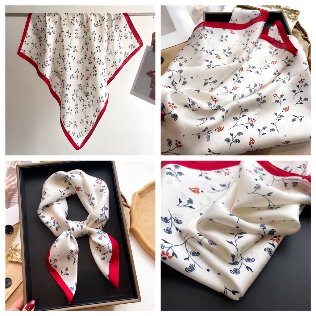 Khăn Choàng Cổ Hình Vuông 70X70Cm Chất Liệu Lụa In Họa Tiết Hoa Xinh Xắn Thời Trang Cho Nữ