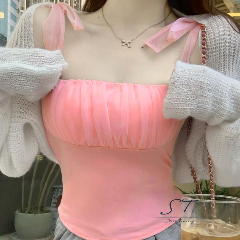 Áo Hai Dây CY03 Ôm Dáng Phối Vải Tuyn Thời Trang Mùa Hè Cho Nữ