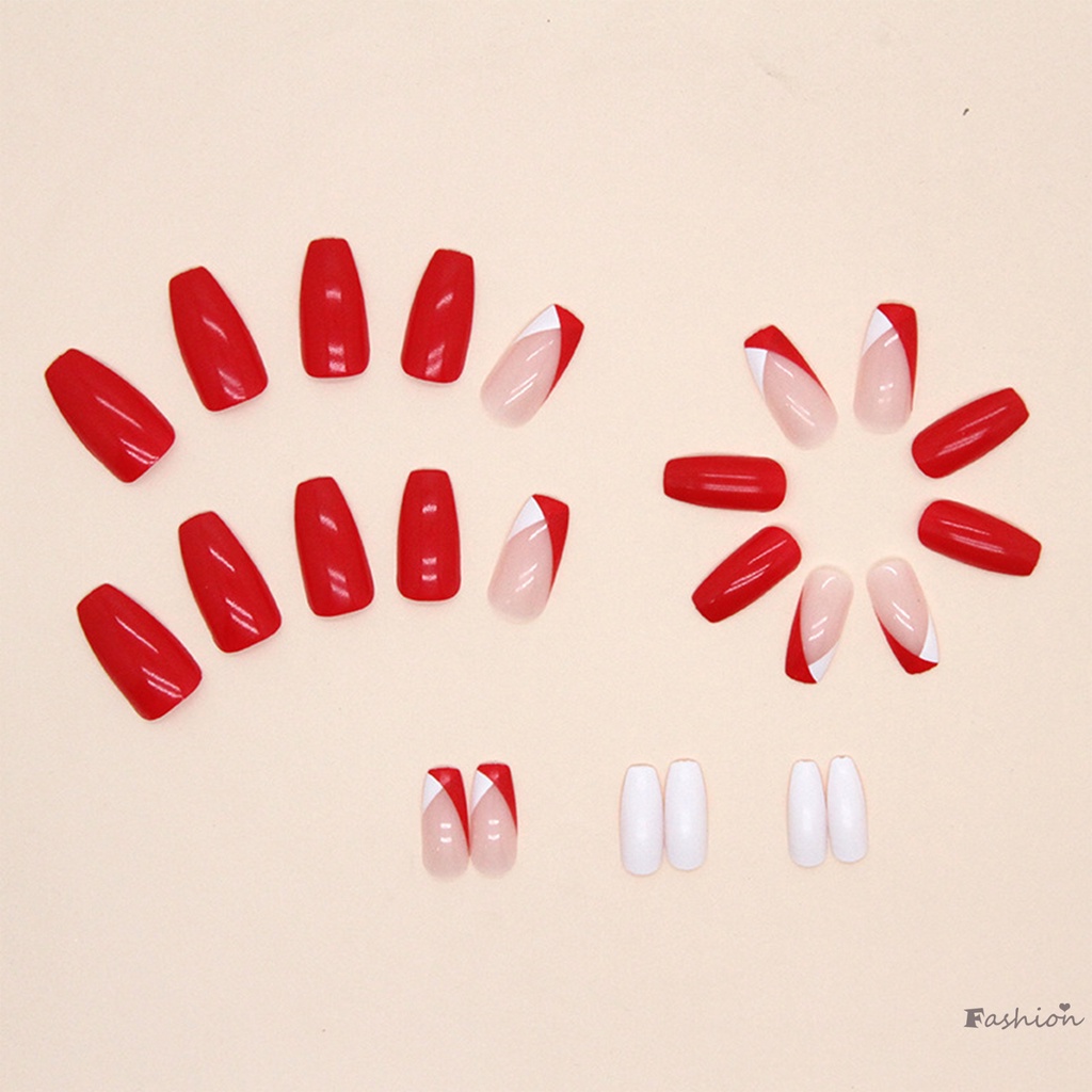 Móng Tay Giả Màu Trắng Và Đỏ Không Đau Không Dễ Vỡ Phong Cách Pháp