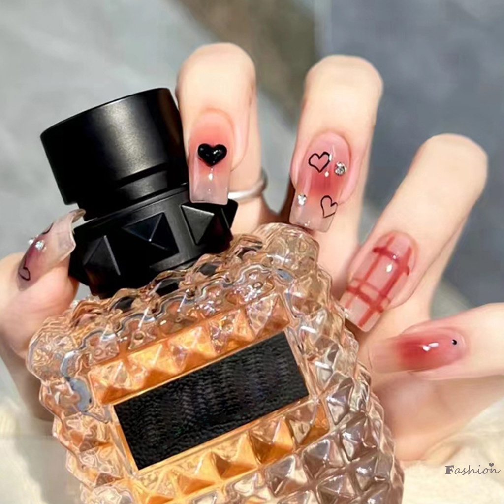 Móng Tay Giả Mỏng Che Phủ Toàn Diện Họa Tiết Trái Tim Kẻ Sọc