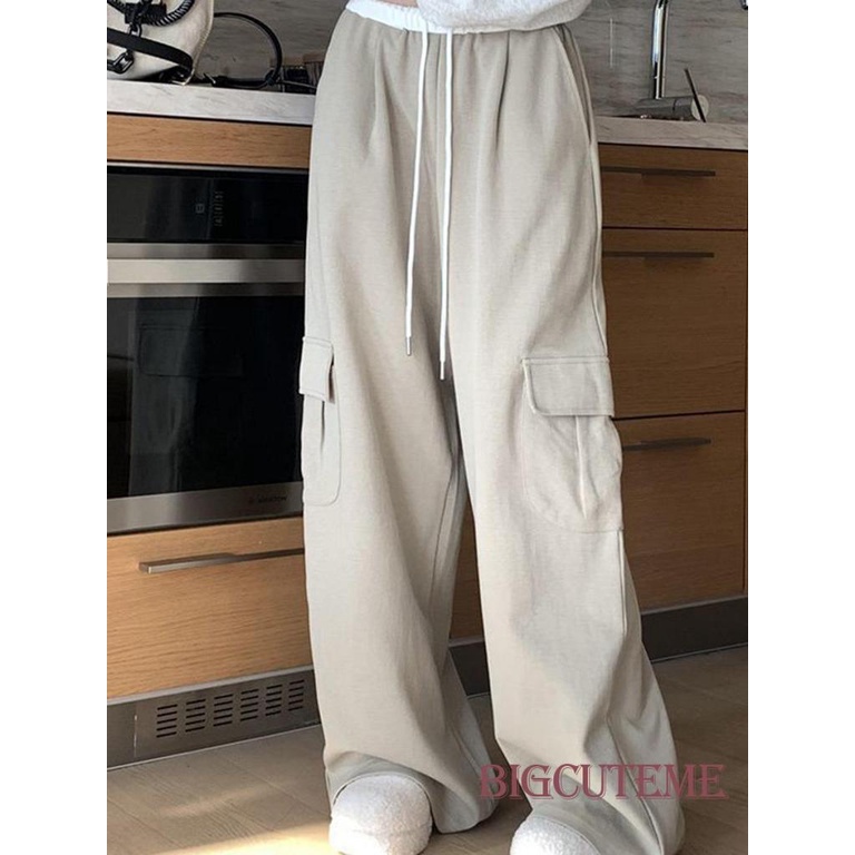 Quần Dài Lưng Thun Dáng Rộng Có Túi Phong Cách Đường Phố Cho Nữ