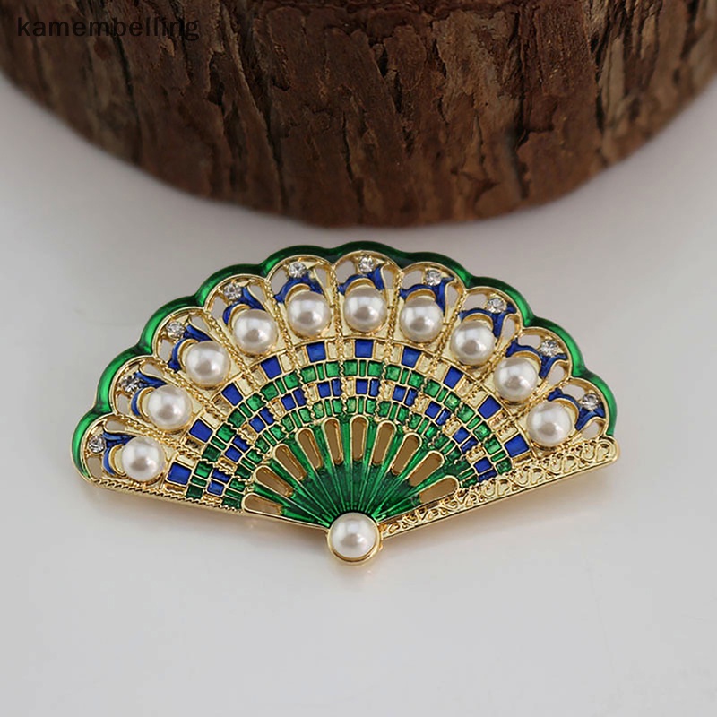 Kamembelling Trâm Cài Áo Hình Quạt Tráng Men Đính Kim Cương Ngọc Trai Giả Vintage Thời Trang Cho Nữ