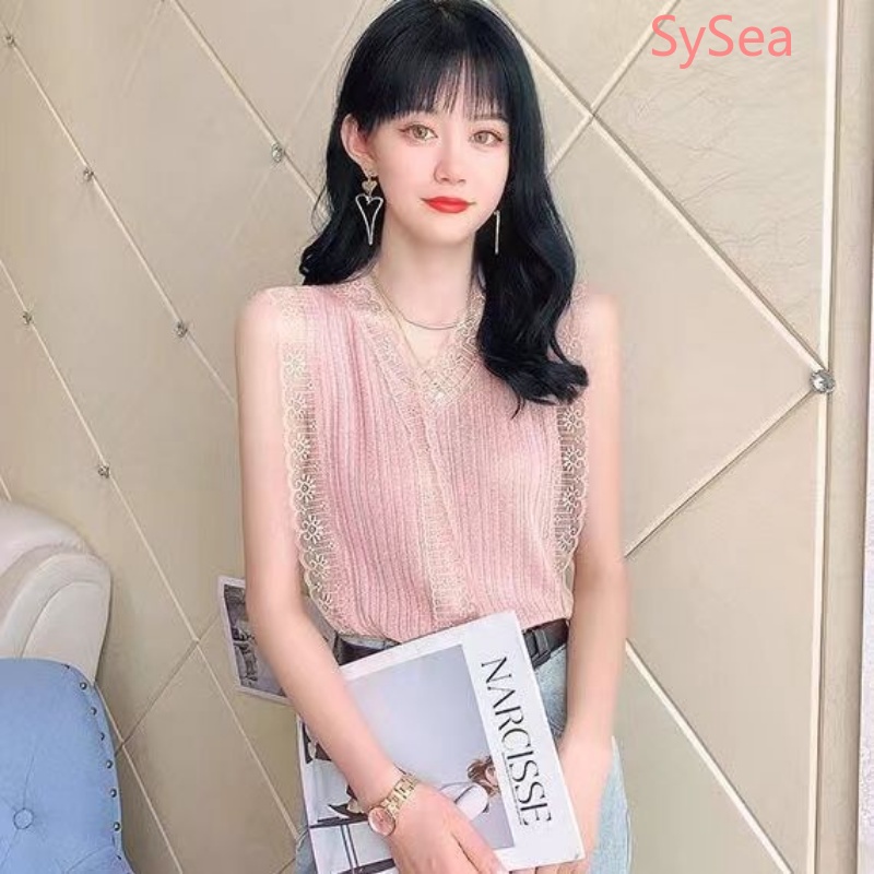 Áo Hai Dây Dệt Kim Dáng Rộng Cổ Chữ V Phối Ren Quyến Rũ Cho Nữ