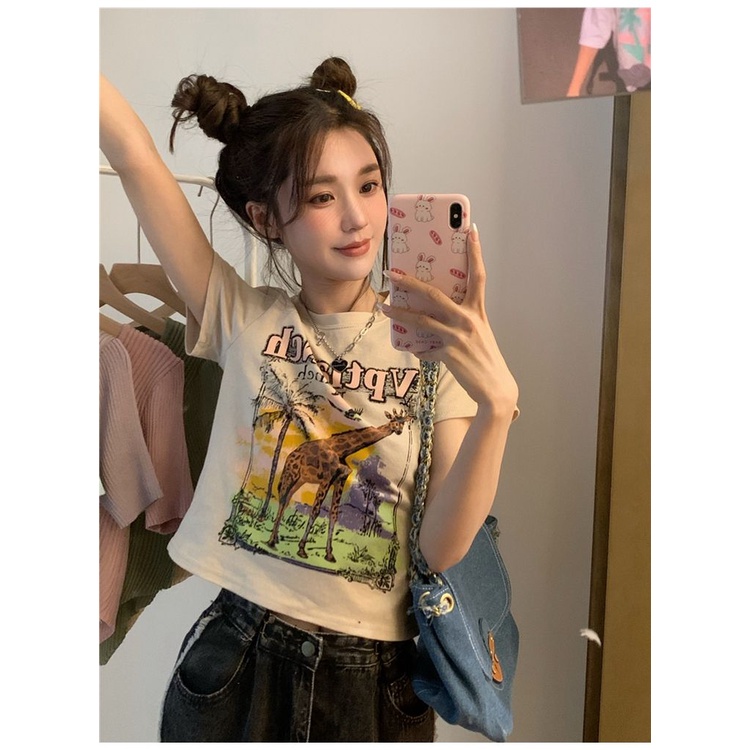 Áo baby tee Thun croptop Lửng Tay Ngắn Cổ Tròn In Hình Hươu Cao Cổ Phong Cách Retro Mỹ Cho Nữ