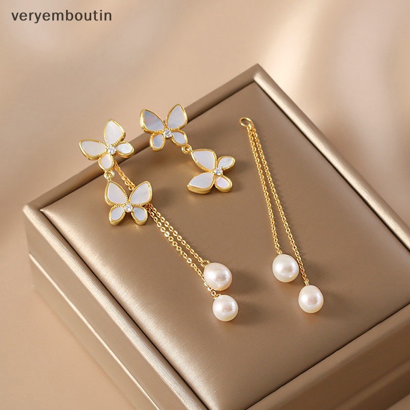 1 Đôi Bông Tai Dáng Dài Hình Bướm Đính Ngọc Trai Lãng Mạn Thời Trang Cho Nữ