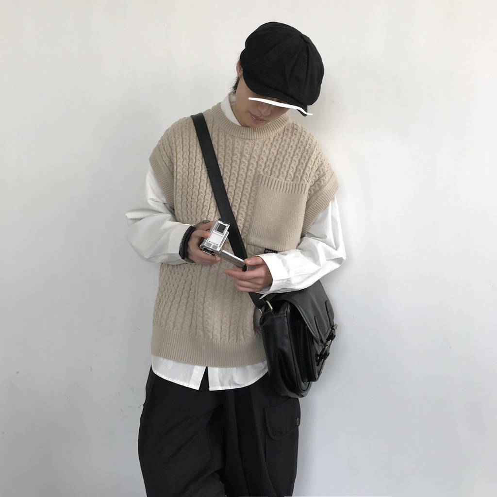 Áo Sweater Dệt Kim Không Tay Dáng Rộng Phong Cách Nhật Bản Thời Trang Thu Đông Mới Cho Nam