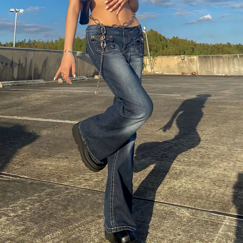 [F &amp; X] Quần Jeans Ống Loe Lưng Thấp Có Túi Phong Cách Retro Mỹ Cho Nữ Y2k