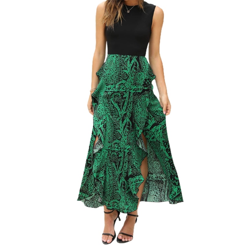 Xiangbao Đầm Midi Dài Phối Bèo Nhún In Hoa Xẻ Tà Cao Bên Hông Thời Trang Công Sở Nữ Tính