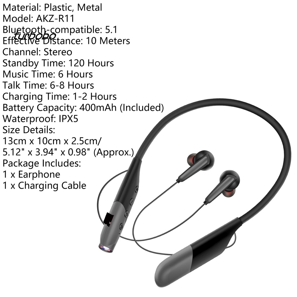 Tai Nghe Thể Thao Không Dây Quấn Cổ Gắn Đèn Pin Hỗ Trợ Thẻ Nhớ Bluetooth Có Nam Châm turbobo AKZ-R11