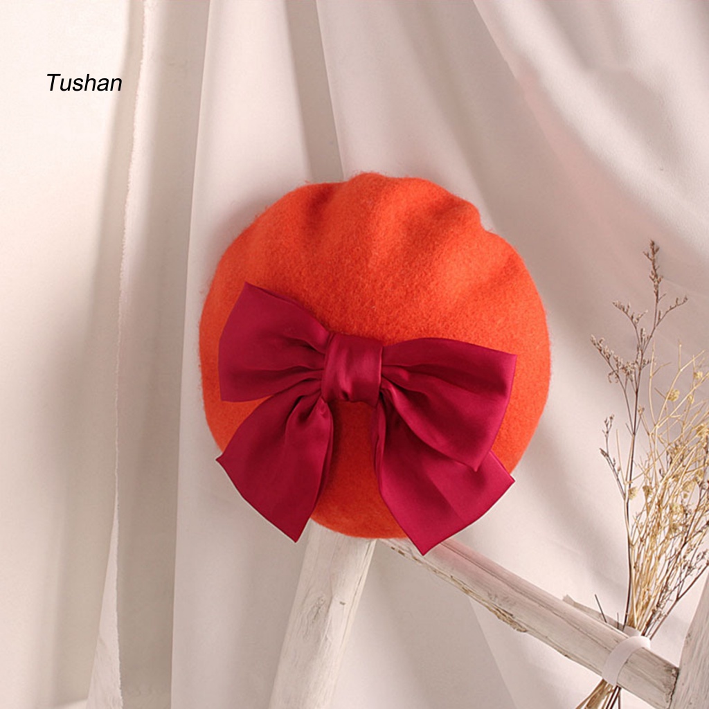 Mũ Beret Màu Trơn Giữ Ấm Thắt Nơ Đỏ Dễ Thương Cho Bé Gái 2-6 Tuổi