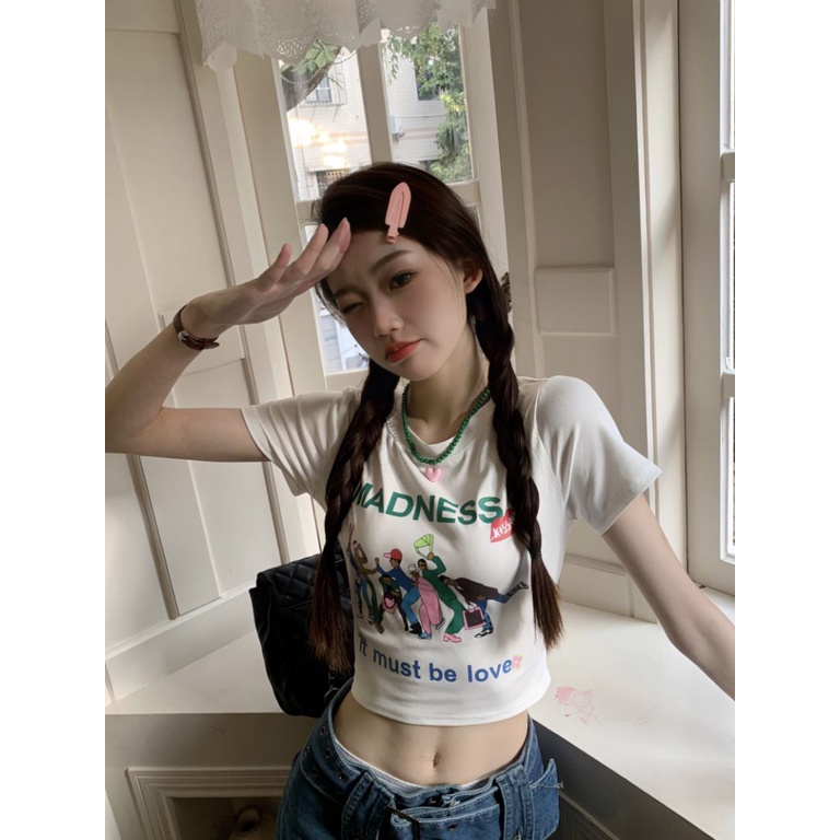 Áo baby tee Thun croptop nữ Ngắn Tay In Chữ Thời Trang Mùa Hè Mới 2023 Phong Cách Retro Cho Nữ