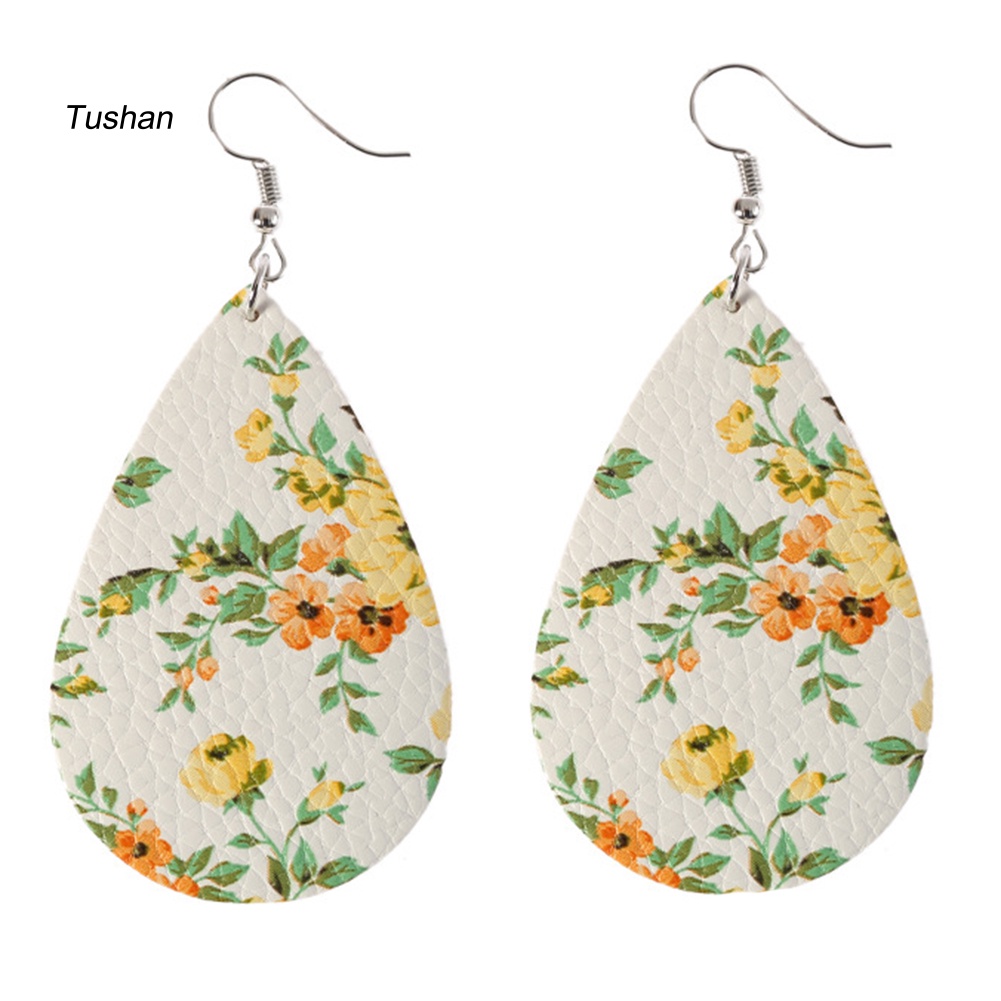 Đôi Khuyên Tai Dài Hình Giọt Nước In Hoa Chất Liệu Giả Da Thời Trang Cho Nữ