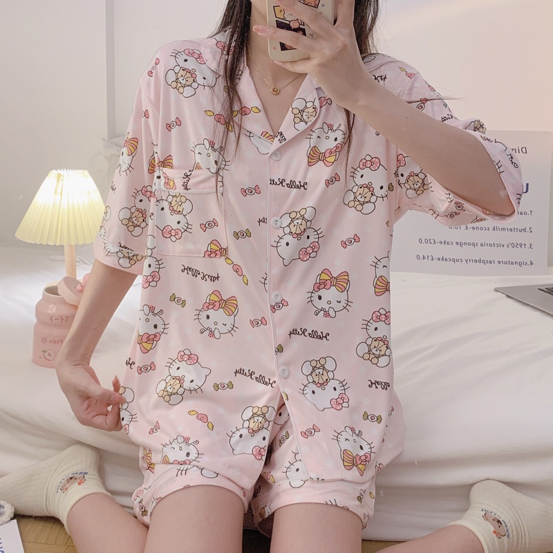 Bộ Đồ Ngủ Áo Tay Ngắn Phối Quần Short Dáng Rộng In Họa Tiết Hoạt Hình Thời Trang Mùa Hè Cho Nữ