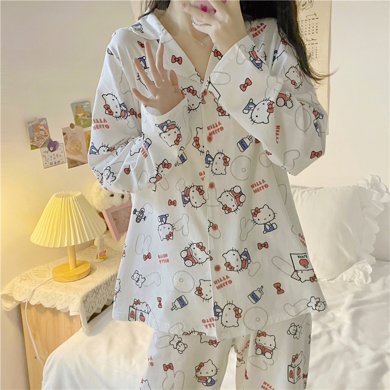 Bộ Đồ Ngủ Dài Tay Họa Tiết Hello Kitty Dễ Thương Dành Cho Nữ