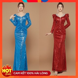 [ĐƯỢC KIỂM TRA HÀNG] Đầm dạ hội kim sa cổ đính hạt tay dài nhún eo cao cấp - Yêu Shop 85